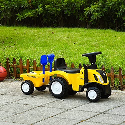 HOMCOM Tractor para Niños de 12-36 Meses con Remolque Extraíble Coche Correpasillos con Bocina Faros Pala y Rastrillo Carga 25 kg 91x29x44 cm Amarillo