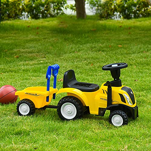 HOMCOM Tractor para Niños de 12-36 Meses con Remolque Extraíble Coche Correpasillos con Bocina Faros Pala y Rastrillo Carga 25 kg 91x29x44 cm Amarillo