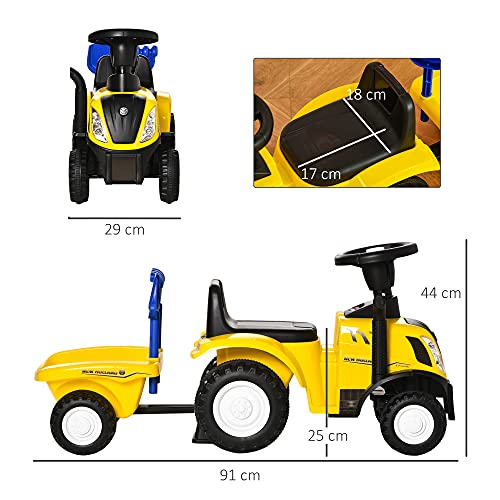 HOMCOM Tractor para Niños de 12-36 Meses con Remolque Extraíble Coche Correpasillos con Bocina Faros Pala y Rastrillo Carga 25 kg 91x29x44 cm Amarillo