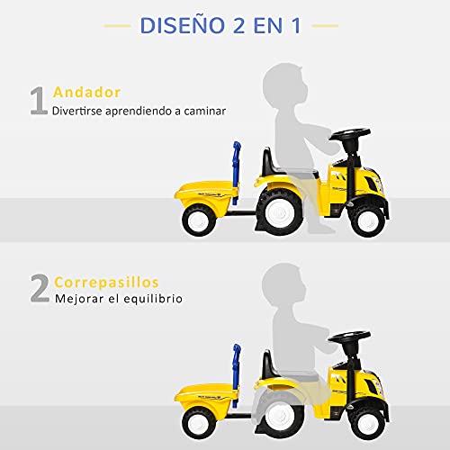 HOMCOM Tractor para Niños de 12-36 Meses con Remolque Extraíble Coche Correpasillos con Bocina Faros Pala y Rastrillo Carga 25 kg 91x29x44 cm Amarillo