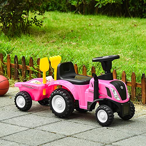 HOMCOM Tractor para Niños de 12-36 Meses con Remolque Extraíble Coche Correpasillos con Bocina Faros Pala y Rastrillo Carga 25 kg 91x29x44 cm Rosa