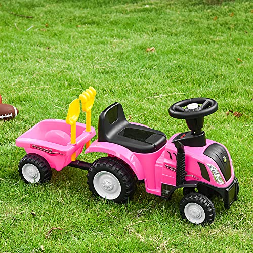 HOMCOM Tractor para Niños de 12-36 Meses con Remolque Extraíble Coche Correpasillos con Bocina Faros Pala y Rastrillo Carga 25 kg 91x29x44 cm Rosa