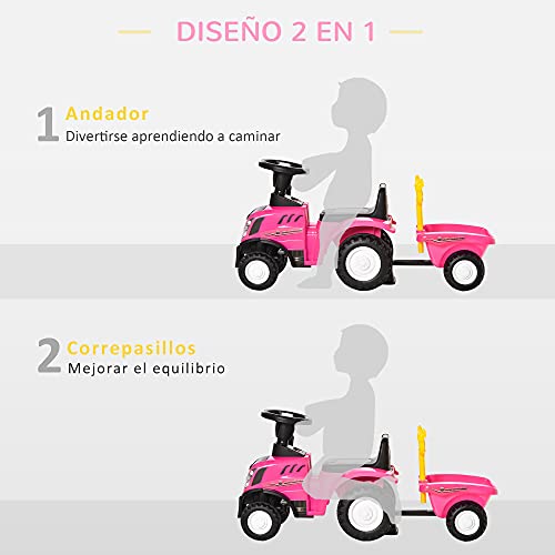 HOMCOM Tractor para Niños de 12-36 Meses con Remolque Extraíble Coche Correpasillos con Bocina Faros Pala y Rastrillo Carga 25 kg 91x29x44 cm Rosa