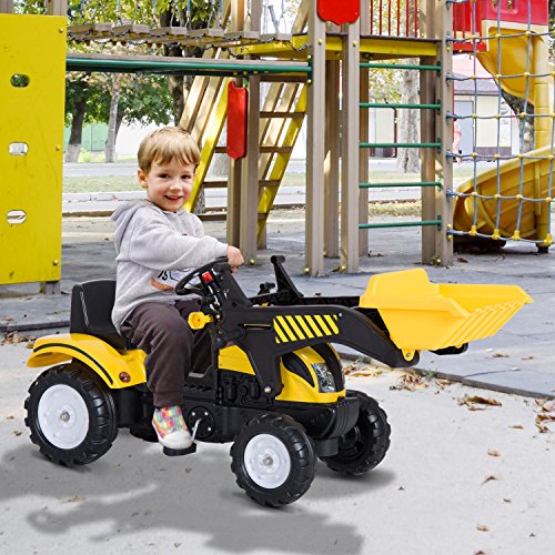 HOMCOM Tractor Pedal Excavadora Camión + Pala Delantera para Niños 3 Años Juguete de Montar Coche Pedales Carga 35kg 114x41x52cm Acero y Plástico