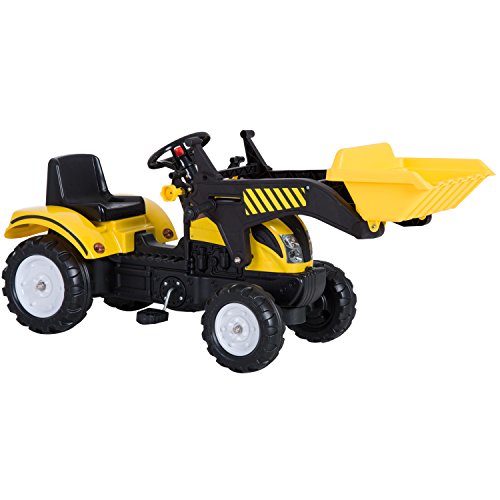 HOMCOM Tractor Pedal Excavadora Camión + Pala Delantera para Niños 3 Años Juguete de Montar Coche Pedales Carga 35kg 114x41x52cm Acero y Plástico