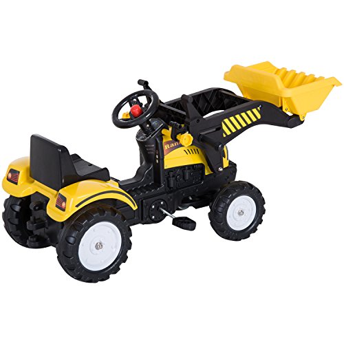 HOMCOM Tractor Pedal Excavadora Camión + Pala Delantera para Niños 3 Años Juguete de Montar Coche Pedales Carga 35kg 114x41x52cm Acero y Plástico