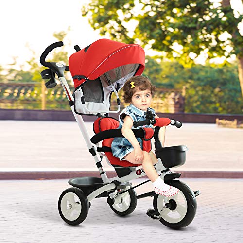 HOMCOM Triciclo Bebé 4 en 1 Trolley Trike Bicicletas para Niños +18 Mes Evolutivo Asiento Giratorio Capota Barra Desmontable Control Parental Juguete Aprendizaje