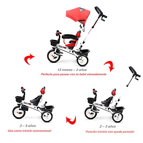 HOMCOM Triciclo Bebé 4 en 1 Trolley Trike Bicicletas para Niños +18 Mes Evolutivo Asiento Giratorio Capota Barra Desmontable Control Parental Juguete Aprendizaje