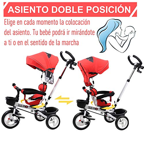 HOMCOM Triciclo Bebé 4 en 1 Trolley Trike Bicicletas para Niños +18 Mes Evolutivo Asiento Giratorio Capota Barra Desmontable Control Parental Juguete Aprendizaje