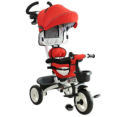 HOMCOM Triciclo Bebé 4 en 1 Trolley Trike Bicicletas para Niños +18 Mes Evolutivo Asiento Giratorio Capota Barra Desmontable Control Parental Juguete Aprendizaje