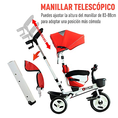 HOMCOM Triciclo Bebé 4 en 1 Trolley Trike Bicicletas para Niños +18 Mes Evolutivo Asiento Giratorio Capota Barra Desmontable Control Parental Juguete Aprendizaje