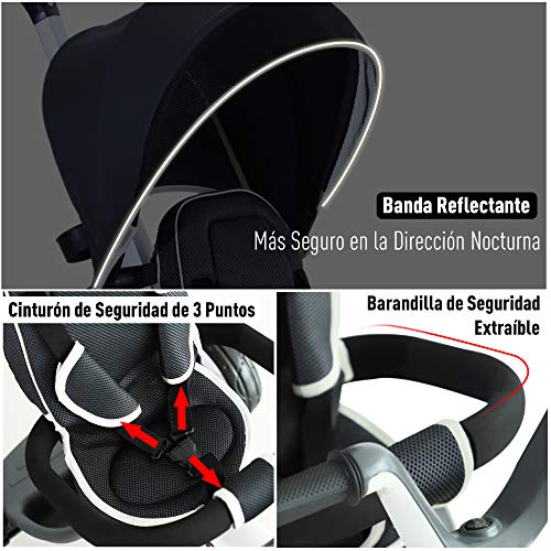 HOMCOM Triciclo Bebé Plegable 4 en 1 Trolley Trike Bicicletas para Niños +18 Mes Evolutivo Capota Barra Desmontable Control Parental Juguete Aprendizaje