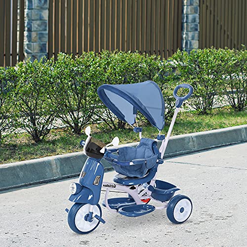 HOMCOM Triciclo Evolutivo Infantil Silla de Paseo Infantil con Función de Luz y Música Barra de Seguridad y Toldo Retráctil Asiento Giratorio 360° 93x51x94 cm Azul