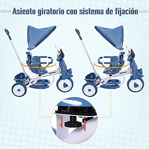 HOMCOM Triciclo Evolutivo Infantil Silla de Paseo Infantil con Función de Luz y Música Barra de Seguridad y Toldo Retráctil Asiento Giratorio 360° 93x51x94 cm Azul