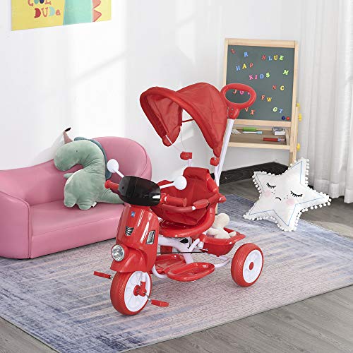 HOMCOM Triciclo Evolutivo Infantil Silla de Paseo Infantil con Función de Luz y Música Barra de Seguridad y Toldo Retráctil Asiento Giratorio 360° 93x51x94 cm Rojo