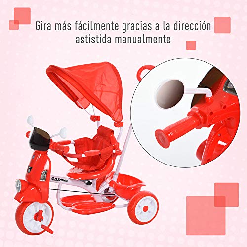 HOMCOM Triciclo Evolutivo Infantil Silla de Paseo Infantil con Función de Luz y Música Barra de Seguridad y Toldo Retráctil Asiento Giratorio 360° 93x51x94 cm Rojo