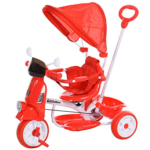 HOMCOM Triciclo Evolutivo Infantil Silla de Paseo Infantil con Función de Luz y Música Barra de Seguridad y Toldo Retráctil Asiento Giratorio 360° 93x51x94 cm Rojo