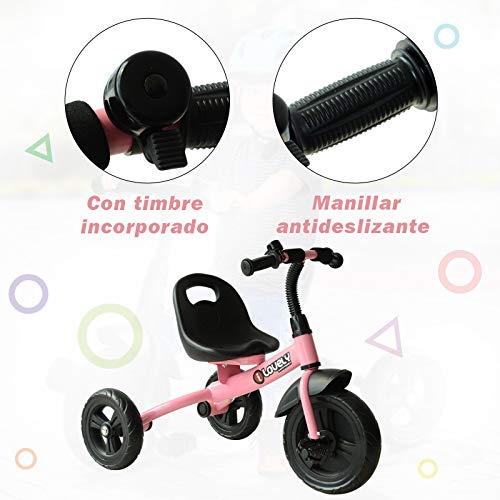 HOMCOM Triciclo para Niños más de 18 Meses con Timbre Guardabarros Rueda de Seguridad 74x49x55cm Rosa