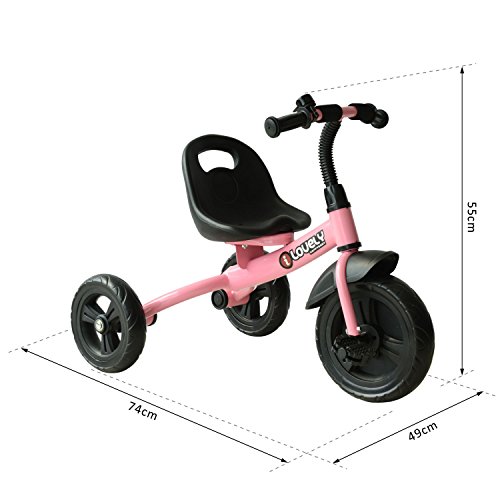 HOMCOM Triciclo para Niños más de 18 Meses con Timbre Guardabarros Rueda de Seguridad 74x49x55cm Rosa