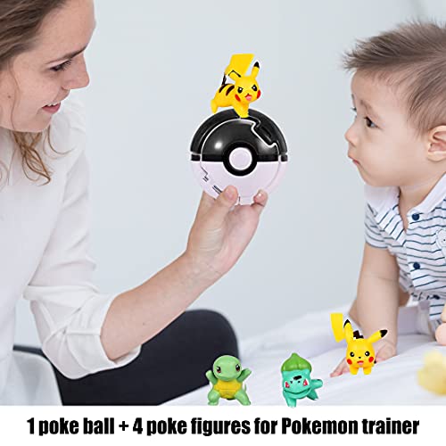 HONGECB Juego De Flip Ball Pikachu, Poké Ball y Figura, Pelotas para Lanzar con Figura, Mini muñecos Pokémon, Figuras de Acción, para Niños y Adultos Celebración de Fiestas, 4+1 Piezas