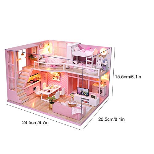 Hongzer Kit de casa de muñecas Rosa de Bricolaje, Kits de Modelo de casa de muñecas de Loft de Madera en Miniatura Rosa Hecha a Mano de Bricolaje, Regalo para niñas, Regalos para niños