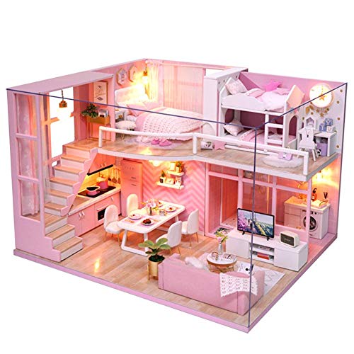 Hongzer Kit de casa de muñecas Rosa de Bricolaje, Kits de Modelo de casa de muñecas de Loft de Madera en Miniatura Rosa Hecha a Mano de Bricolaje, Regalo para niñas, Regalos para niños