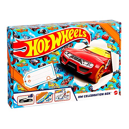 Hot Wheels Pack celebración 6 vehículos sorpresa con pistas de coches de juguete y set para pintar con pegatinas (Mattel GWN96)