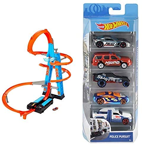 Hot Wheels Pista y Garaje para Coches de Juguetes, Regalo para niños y niñas +5 años + Pack de 5 vehículos, Coches de Juguete