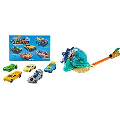 Hot Wheels Shifters Pack de 5 Coches Que cambian de Color + Tiburón Megadestrucción, Pista de Coches de Juguete