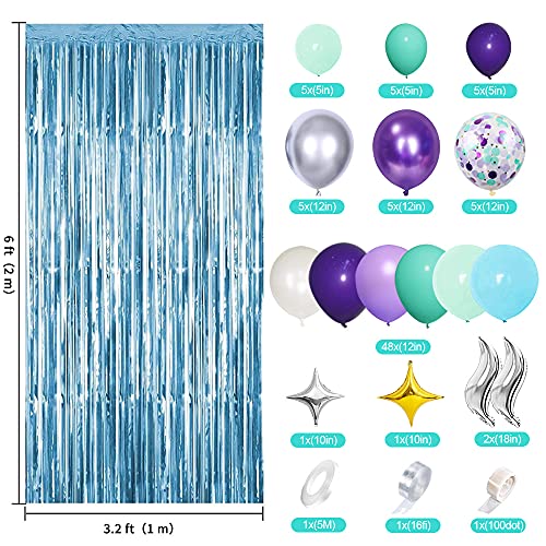 HOUSTAR Kit de Arcos con Globos Decoraciones de Fiesta de Sirena, Kit de Guirnalda de Globos de Cumpleaños con Cola de Sirena, Kit de Arco de Globos con Cortina de Flecos de Papel de Aluminio