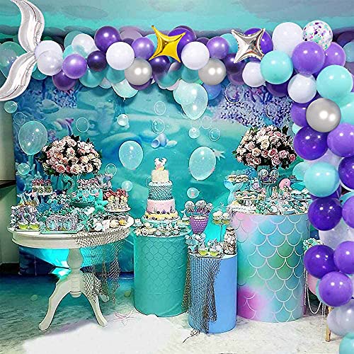 HOUSTAR Kit de Arcos con Globos Decoraciones de Fiesta de Sirena, Kit de Guirnalda de Globos de Cumpleaños con Cola de Sirena, Kit de Arco de Globos con Cortina de Flecos de Papel de Aluminio