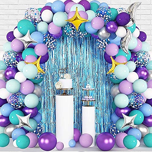 HOUSTAR Kit de Arcos con Globos Decoraciones de Fiesta de Sirena, Kit de Guirnalda de Globos de Cumpleaños con Cola de Sirena, Kit de Arco de Globos con Cortina de Flecos de Papel de Aluminio