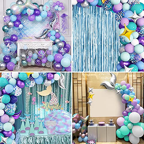 HOUSTAR Kit de Arcos con Globos Decoraciones de Fiesta de Sirena, Kit de Guirnalda de Globos de Cumpleaños con Cola de Sirena, Kit de Arco de Globos con Cortina de Flecos de Papel de Aluminio