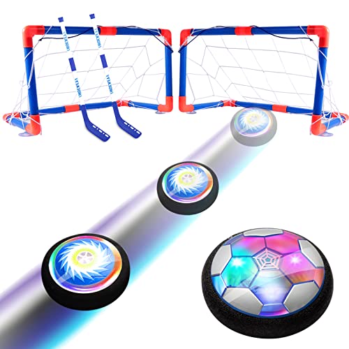 Hover Soccer 2 en 1 Juego de juguetes para niños, juego de interior recargable con 3 goles y LED, Air Power Hockey y juguetes deportivos con pelota de fútbol, regalos para niños y niñas de 3 a 12 años