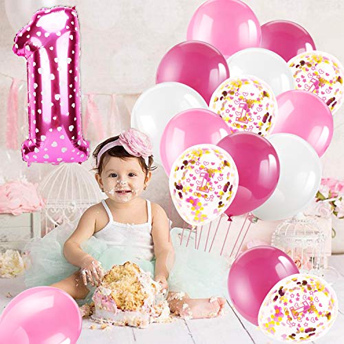 HOWAF Baby Girl 1st Birthday Decorations Supplies, Girl First Birthday Balloon Banner Pink Hanging Decoration for Girl First Birthday, Happy Birthday 1st Latex Foil Balloons Banner Hanging Swirl 1st