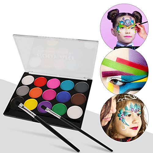 HOWAF Pinturas Cara para Niños, Pintura Facial, Seguridad no tóxica,15 Colores + 60 Plantillas + 2 Glitter + 2 Pinceles + 8 Esponjas para Halloween Decoración, Fiestas, Cosplay, Santa, Carnaval