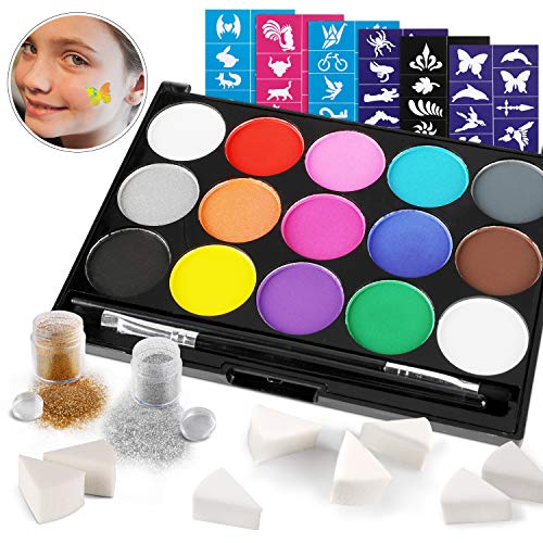 HOWAF Pinturas Cara para Niños, Pintura Facial, Seguridad no tóxica,15 Colores + 60 Plantillas + 2 Glitter + 2 Pinceles + 8 Esponjas para Halloween Decoración, Fiestas, Cosplay, Santa, Carnaval