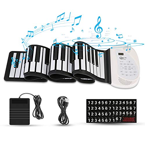 Hricane Teclado de piano enrollable, electrónico y portátil, con 61 teclas, pedal y Bluetooth, batería USB, altavoz MIDI integrado y micrófono, para niños y adultos principiantes