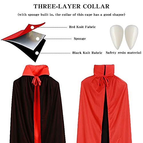 HUYIWEI Traje de Halloween,Vampiro Adultos Cuello Capa Manto Negro Rojo 140cm,1 par de dientes de vampiro(15MM),para cosplay de vampiros