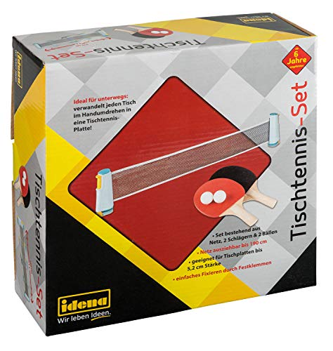 Idena 40204 - Juego de Ping Pong con Red, Dos paletas y Dos Pelotas, para un Montaje fácil en tableros de Mesa, Viajes, Vacaciones o en el jardín