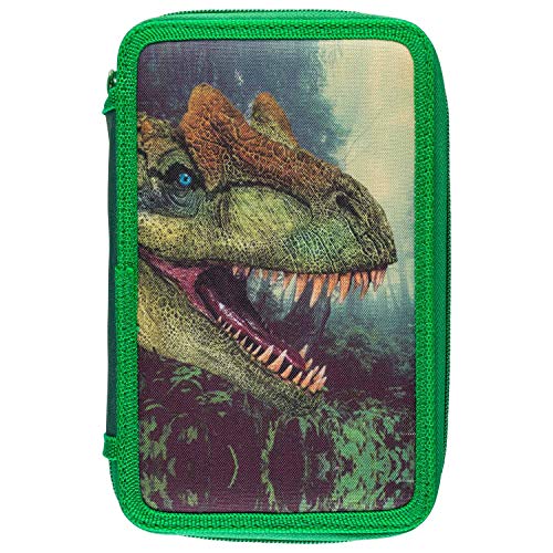 Idena-Estuche Triple con 3 Cremalleras, diseño de Dinosaurio, 43 Piezas, Lleno Colores, Regla, lápiz y Accesorios, Aprox. 20 x 12,5 x 6 cm, para Preescolar y Escuela Berlin 22913