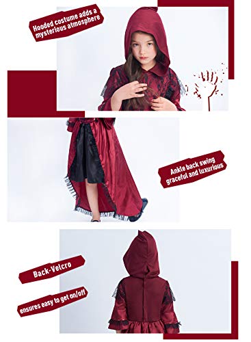 IKALI Disfraz de vampiro victoriano para niñas, vestido rojo con capucha, traje elegante para niños pequeños para la fiesta real de Halloween