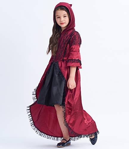 IKALI Disfraz de vampiro victoriano para niñas, vestido rojo con capucha, traje elegante para niños pequeños para la fiesta real de Halloween