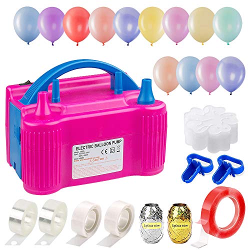 Inflador Eléctrico de Globos, INPHER 120 Piezas Bomba de Globo, Bomba de Aire Portátil de Doble Boquilla para Fiesta, Boda, Cumpleaños, Navidad, Año Nuevo, Manual y Automático, 600W