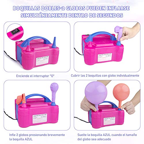 Inflador Eléctrico de Globos, INPHER 120 Piezas Bomba de Globo, Bomba de Aire Portátil de Doble Boquilla para Fiesta, Boda, Cumpleaños, Navidad, Año Nuevo, Manual y Automático, 600W