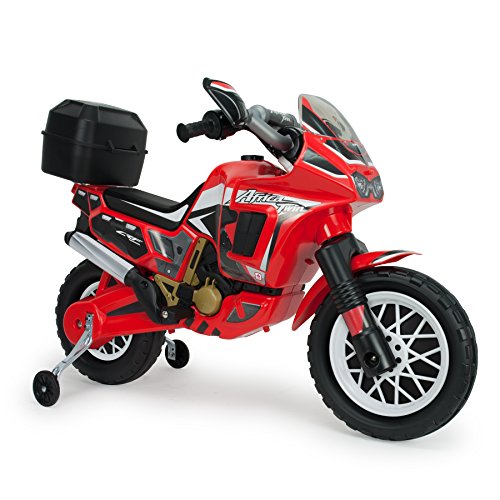 INJUSA – Moto África Twin de 6V Licenciada con Maletín Trasero y Ruedas Estabilizadoras Recomendada a Niños +3 Años, Color Rojo