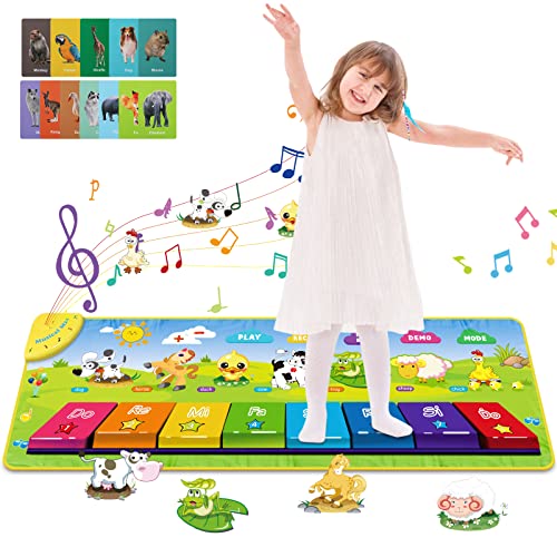 Innedu Alfombra de Piano, Alfombra Musical con Teclas de Colores 3D, Tapete de Piano con 7 Sonidos de Animales y 10 Tarjetas de Estudio, Juguetes Alfombrilla de Baile para Niños (100 * 36 cm)