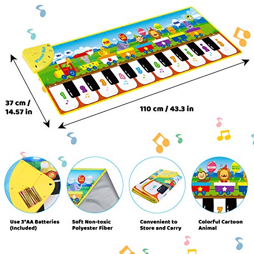 Innedu Alfombra de Piano, Alfombra Musical de Teclado con 8 Sonidos de Animales & 3 Sonidos de Instrumentos, Tapete de Piano Baile para Niños Niñas, 110 x 36 cm