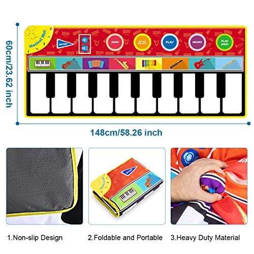 Innedu Alfombra de Piano, Alfombra Teclado Musical con 8 Sonidos de Instrumentos y 5 Modos, Alfombra de Baile Táctil, Alfombra Piano Educativo Musical Tapete de Piano para Niño Niña Regalo(148*60cm)