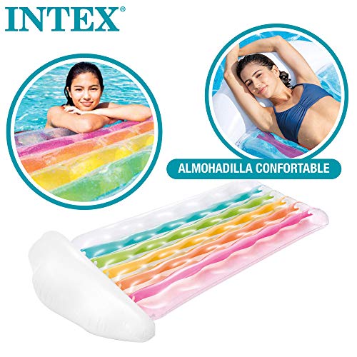 Intex 56804EU - Colchoneta hinchable INTEX, colchoneta nube, 86x180x25 cm, colchoneta para la playa, colchoneta con almohada, transparente con colores rosa, naranja, verde, amarillo y azul